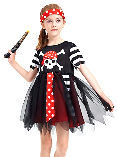 IKALI Pirate Costume for Girl With Gun, Halloween Book Character Gift Party Dress Up Outfit Captain Pretend Role Buccaneer Play 3-10y