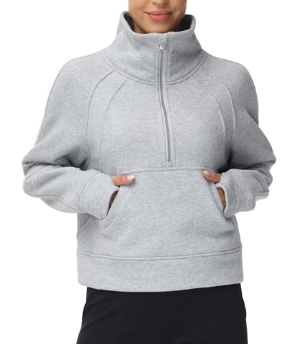 THE GYM PEOPLE Women's Half Zip Pullover Sweatshirt Fleece Stand Collar Crop Sweatshirt with Pockets Thumb Hole Grey