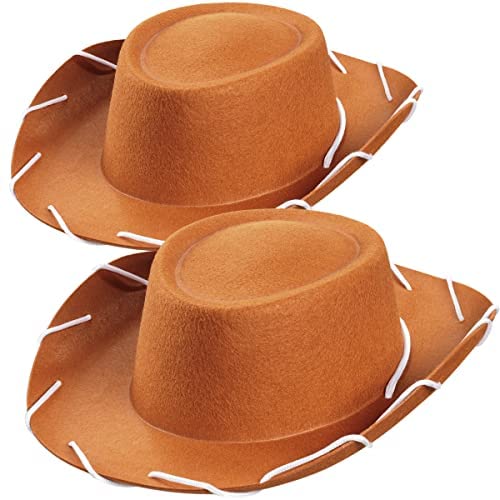 Brown Felt Cowboy Hats For Kids - (Pack of 2) Western Themed Childrens Cosplay Costume Accessory Prop for Party Favor Supplies and Playing Dress-Up for Yong Boys and Girls