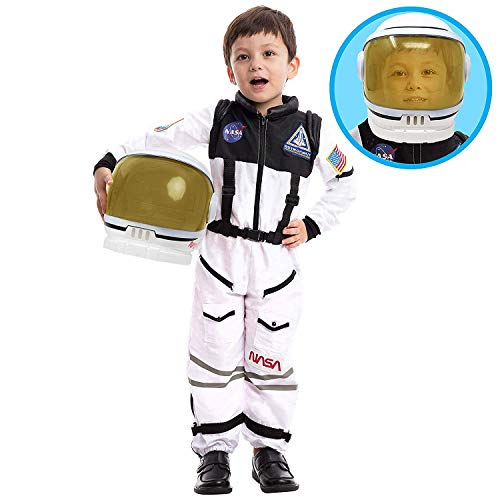 Spooktacular Creations Astronaut Costume with Helmet, Space Suit for Kids and Toddler with Movable Visor Helmet, Kids Astronaut Costume for Halloween Costumes Party Favor Supplies White L