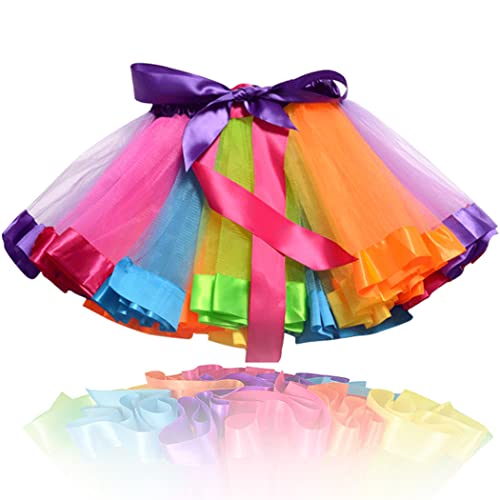 TWINKLEDE Rainbow Tutu Skirt Colorful Tulle Tutu Ribbon Tassel Tutus Birthday Party Costume Skirts for Women and Teen Girls (A Rainbow)