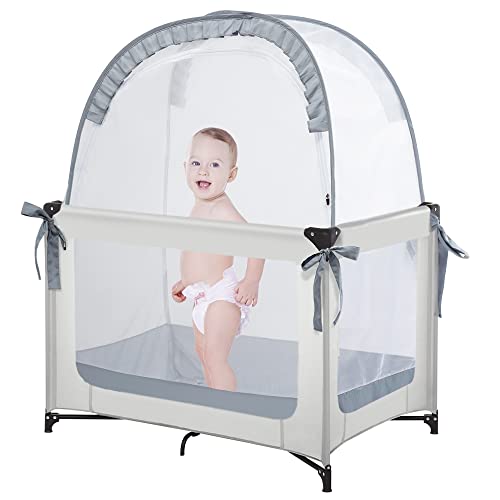 L RUNNZER Pack N Play Tent to Keep Baby in, Crib Net for Pack and Plays, Mini Cribs & Play Yards to Stop Baby from Climbing Out, Pop Up Design & Breathable Mesh Crib Canopy