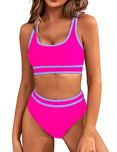 BMJL Women's High Waisted Bikini Sets Sporty Two Piece Swimsuits Color Block Cheeky High Cut Bathing Suits(M,Hot Pink)