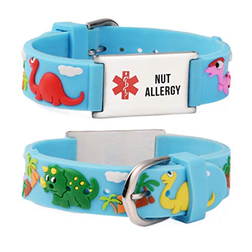 LinnaLove Medical Alert Bracelets for kids Cute Cartoon Emergency ID bracelets, Thoughtful Gift to boy and girls (Blue Dinosaur-nut allergy)