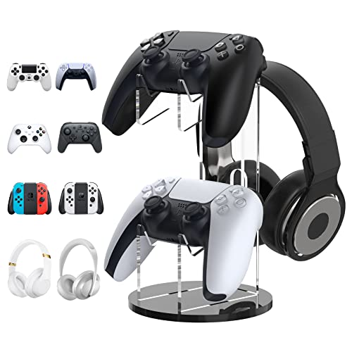 MoKo Universal Stand for Gamepad and Headphone Stand, 2 in 1 Game Controller Stand Holder Storage Organizer for ps5, ps4, Xbox One, Xbox Series, Controller Stand Gaming Accessories, Black&Clear