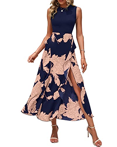 BTFBM Women Casual Sleeveless Summer Dresses 2024 Spring Crewneck Patchwork Boho Floral Ruffle Cocktail Party Midi Dress(Pink Floral Navy, Large)