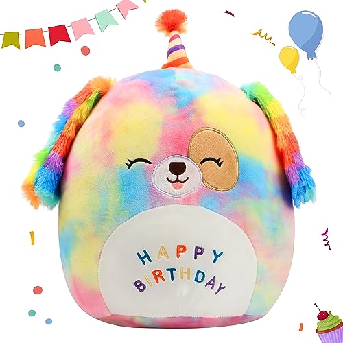 Easfan Original 12’’ Rainbow Birthday Dog Plush Pillow Soft Puppy Plush Toy Cute Dog Stuffed Animal Home Room Decoration Birthday Gift for Kids Toddlers