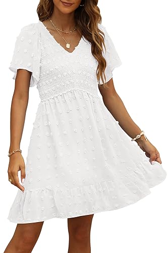 TECREW Womens Smocked Short Sleeve V Neck Mini Dress Summer Swiss Dot Flowy Short Dress, White, Large