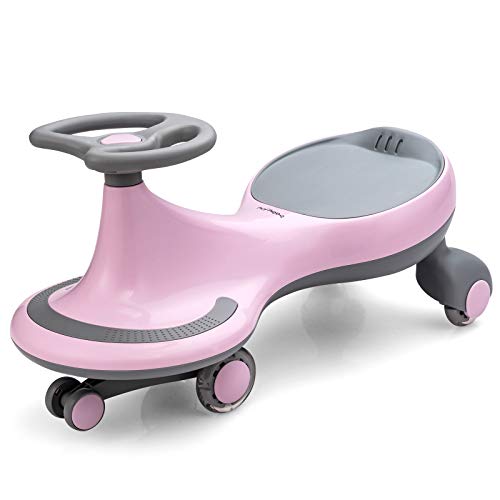 BABY JOY Wiggle Car for Kids, Swing Car with LED Flashing Wheels, No Batteries, Gears or Pedals, Uses Twist, Turn, Wiggle Movement to Steer, Ride-on Toy for Boys Girls 3 Year Old and Up (Pink)
