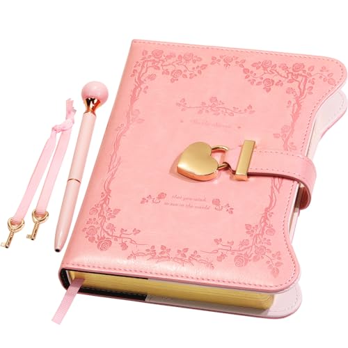 Hoci Poci Diary with Lock and Keys for Girls Gift Ideas, 360 Gold Edged Pages Journal for Women, B6 Refillable Notebook for Writing with Pen and Bookmark (Garden Pink)