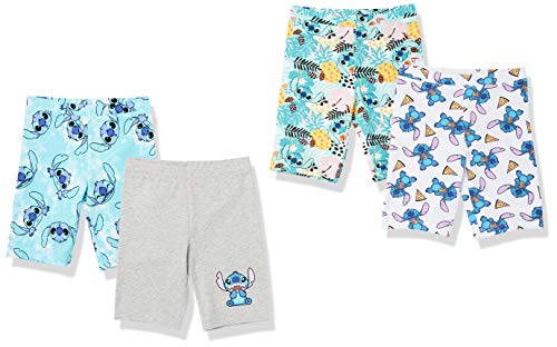 Amazon Essentials Disney | Marvel | Star Wars | Frozen | Princess Toddler Girls' Bike Shorts (Previously Spotted Zebra), Pack of 4, Blue/Grey/White/Stitch Pizza, 3T