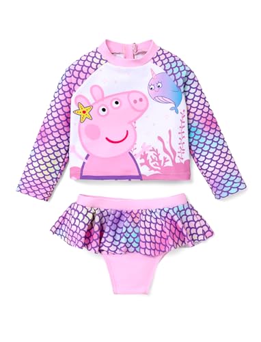 Peppa Pig Toddler Girls Swimsuit 2 Pieces Fish Scale Ombre Pattern Figure Print Ruffle Hem Bathing Suit Pink Long Sleeves Swimwear Size 4-5 Years
