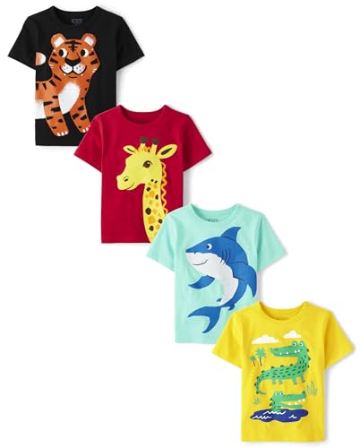 The Children's Place Baby Toddler Boys 4-Pack Short Sleeve Graphic T-Shirt, Shark/Gator/Giraffe/Tiger