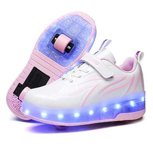 HHSTS Kids Shoes with Wheels LED Light Color Shoes Shiny Roller Skates Skate Shoes Simple Kids Gifts Boys Girls The Best Gift for Party Birthday Christmas Day(13 Little Kid,White Pink)