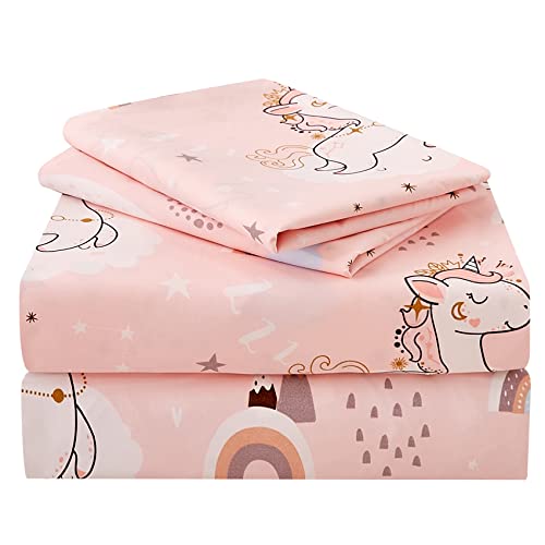 JSD Pink Moon Unicorn Kids Sheet Set Twin 3 Piece, Cute Printed Microfiber Bed Sheets for Girls Deep Pocket