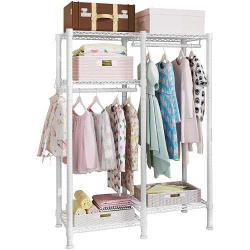 Ulif F1 Garment Rack for Kids, Baby, Students, and Children's Room, 4 Tiers Freestanding and Portable Heavy Duty Closets, Small Metal Clothes Rack with 2 Hanging Rod, 31.2' W x 11.8' D x 48' H, White