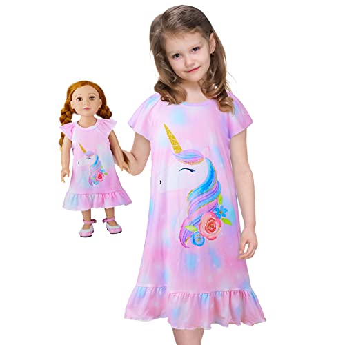 ICOSY Matching Girls & Doll Nightgowns Clothes Unicorn Pajamas Sleepwear Outfit for Girls and American 18' Girl Doll Pink