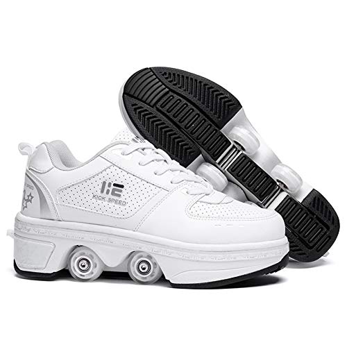 KOFUBOKE 2-in-1 Roller Skates & Sneakers Unisex Retractable Wheels Outdoor Fun & Fitness Kick Roller Shoes (White Without Light, 7)