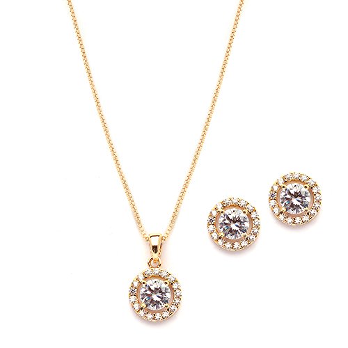 Mariell Bridal Wedding Necklace Set, Cubic Zirconia Pendant Necklace and Stud Earrings, Gold Jewelry Set