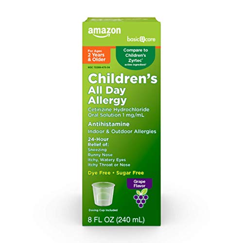 Amazon Basic Care Children’s 24 Hour Allergy Relief, Cetirizine Hydrochloride Oral Solution 1 mg/mL, Grape Flavor, Dye Free, 8 fl oz (Pack of 1)