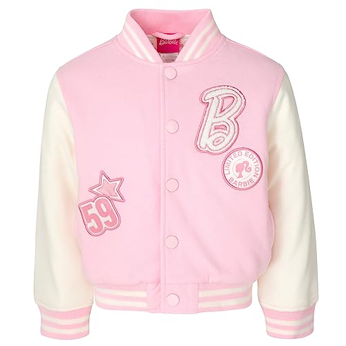 Barbie Little Girls French Terry Varsity Bomber Jacket Pink 7-8