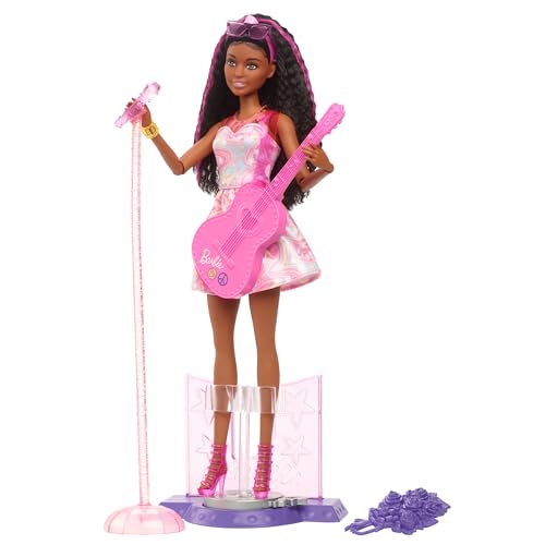 Barbie 65th Anniversary Doll & 10 Accessories, Pop Star Set with Brunette Singer Doll, Toy Stage with Moving Feature & More
