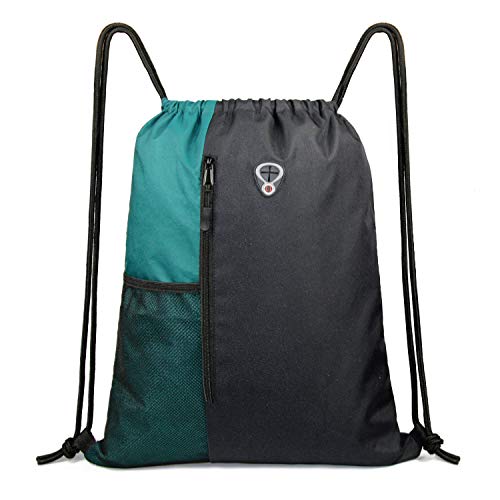 Drawstring Backpack Sports Gym Bag for Women Men Large Lightweight Backpack with Zipper and Water Bottle Mesh Pockets (Black/Teal)