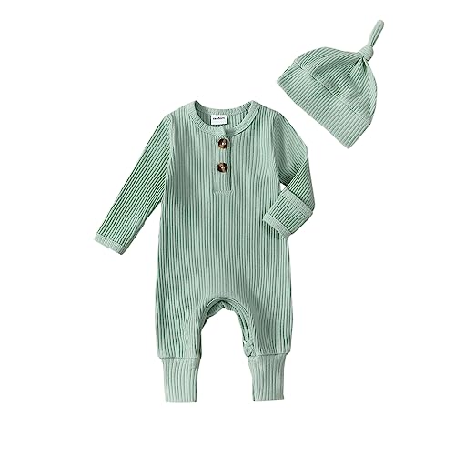 Twopumpkin Newborn Baby Boy Knit jumpsuit Ribbbed Romper Newborn Coming Home Outfit Infant Fall Winter Clothes with Hat (Cute Ribbed Mint Green, Newborn)