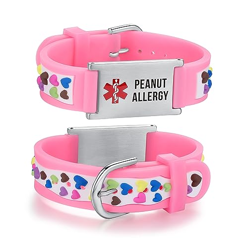 LinnaLove-Cartoon Medical id bracelet Parents gift to Son, daughter, brother, sister- Peanut allergy bracelets-Pink heart-2