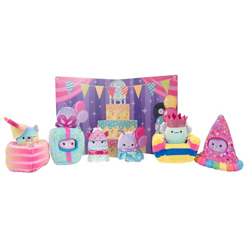 Squishville by Original Squishmallows Birthday Bash Set - Six Exclusive 2-inch Squishmallows Plush, Four Costumes and Accessories, and a Pop-Up Play Display - Toys for Kids