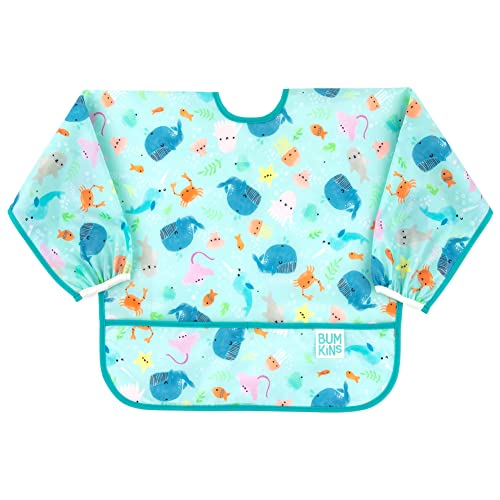 Bumkins Bibs, Baby and Toddler Girls and Boys 6-24 Months, Long Sleeve, Essential Must Have for Eating, Feeding, Mess Saving Lightweight Waterproof Fabric Sleeved Smock, Ocean Life