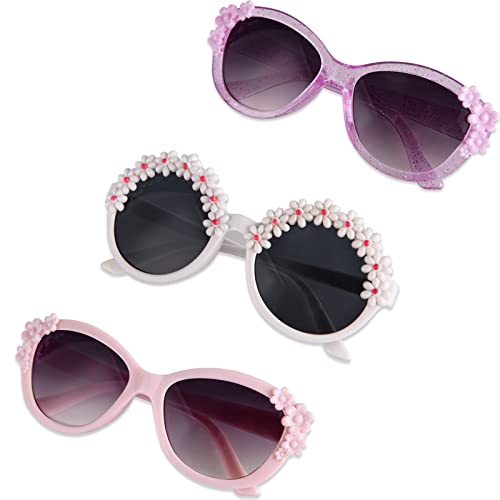 XINB LOOK 3-Pairs Kids Sunglasses Girls, Cute Flower Frame Cartoon UV Glasses, Kids Sunglasses Party Favor for Ages 3-10
