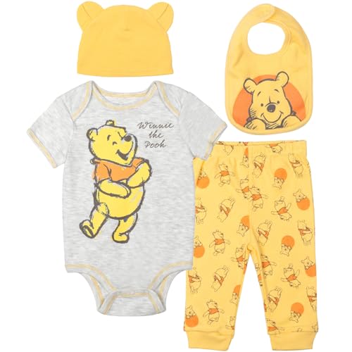 Disney Winnie The Pooh Baby Boys Girls Layette Set: Bodysuit Pants Bib Hat 0-3 Months Yellow
