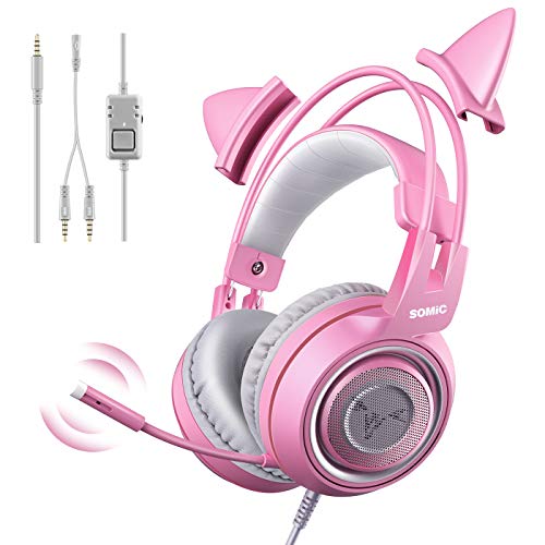SOMIC G951s Pink Stereo Gaming Headset with Mic for PS4,Xbox,PC,Mobile Phone,3.5mm Noise Reduction Cat Ear Headphones Lightweight Over Ear Headphones for Girls