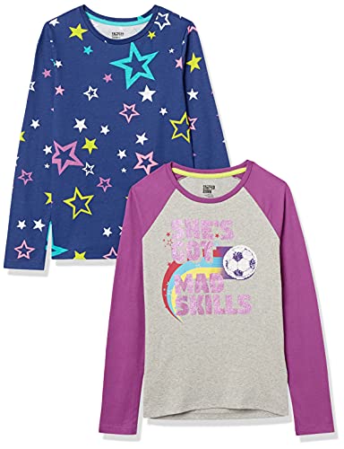 Amazon Essentials Girls' Long-Sleeve T-Shirts (Previously Spotted Zebra), Pack of 2, Grey Football/Navy Stars, Small