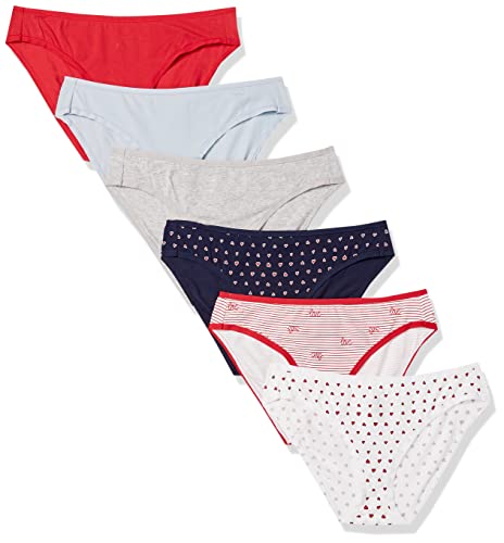 Amazon Essentials Women's Cotton Bikini Brief Underwear (Available in Plus Size), Pack of 6, Hearts/Multicolor/Stripe, X-Large
