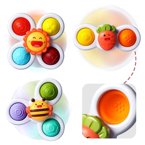 3PCS ALASOU Pop up Suction Cup Spinner Toys for 1 Year Old Boy Girl|Novelty Spinning Tops Toddler Toys Age 1-2|Sensory Baby Bath Toys for Toddlers 1-3|1 2 Year Old Boy Birthday Gift for Infant