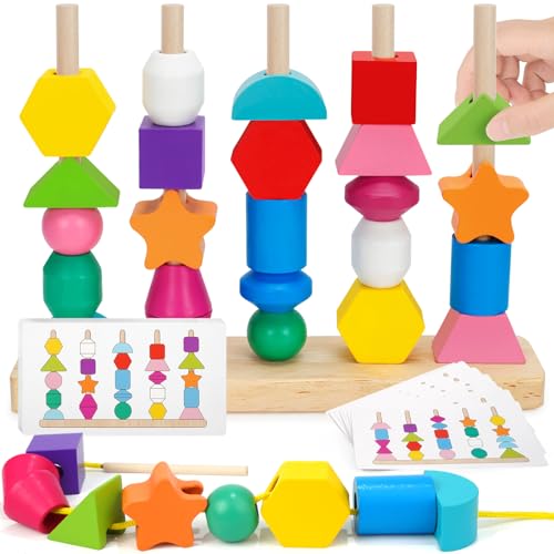 KIZZYEA Montessori Toys for 2 3 4 5 Year Old Toddler, Wooden Beads Sequencing Toy, Lacing Beads, Stacking Block & Shape Stacker Toy, Preschool Learning Toy Birthday Gift for Kids Boys Girls