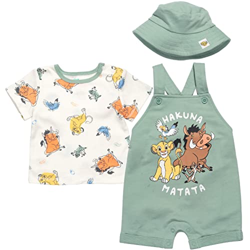 Disney Lion King Simba Timon Pumbaa Newborn Baby Boys French Terry Short Overalls T-Shirt & Hat 3 Piece Outfit Set 3-6 Months