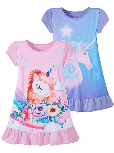 LOLPIP Girls Nightgowns 2-Pack Short Sleeves Toddler Kids Unicorn Cotton Summer Casual Dresses Size Medium,5-6 Years