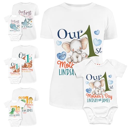 Our First Mothers Day Matching Outfit for Mom and Baby Girl, Boy - 8 Designs & 5 Sizes - Personalized 1st Mothers Day Shirt and Baby Bodysuit with Names, First Mothers Day Gifts for New Mom