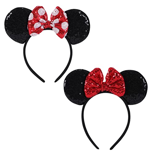 ZYTJ 2 Pcs Mouse Ears Headbands,Shiny Bows Mouse Ears Headbands for Birthday Parties, Themed Events, A Perfect Addition to Your Trip Essentials and Accessories for Women red