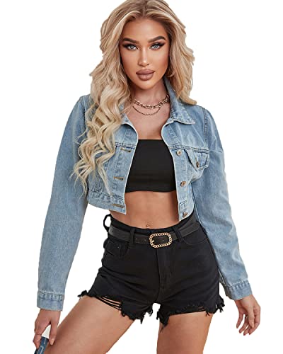 YILANUOYI Women's Distressed Cropped Denim Jean Jacket Long Sleeve with Pocket