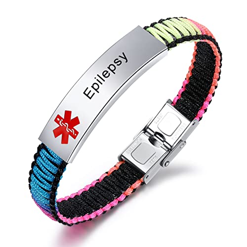 JF.JEWELRY Epilepsy Medical ID Bracelet for Women | Customized Black & Rainbow Nylon Braided Medical Alert Emergency Bracelet for Girls
