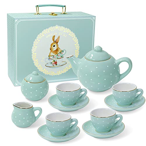 Jewelkeeper Porcelain Tea Set for Little Girls - 13-Piece Tea Party Set with Carrying Case - Kids Tea Set for Ages 3 and Above - Safe and Durable Mini Tea Cup and Saucer Set - Turquoise Polka Dot