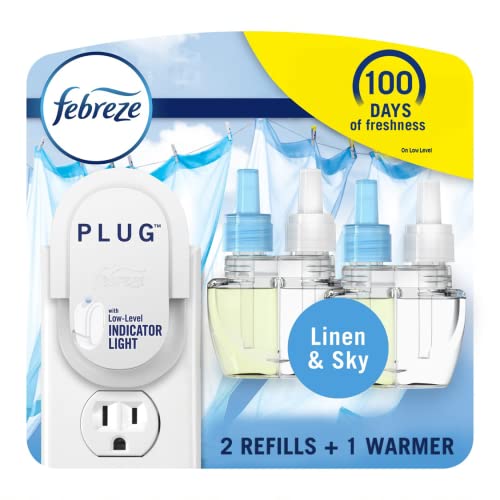 Febreze Plug In Air Fresheners, Linen & Sky Scent, Odor Fighter for Strong Odors, 1 Warmer + 2 Oil Refills
