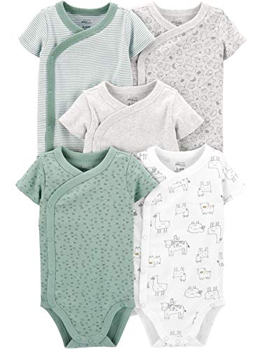 Simple Joys by Carter's Baby 5-Pack Side Snap Short-Sleeve Bodysuit, Green/Grey Forest Animals/Light Grey Heather/Mint Green Stripe/White Llama, 0-3 Months