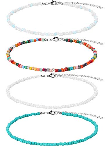 4 Pieces Women Bead Choker Necklace Colorful Bohemian Seed Bead Chain Girls Boho Hawaiian White Tiny Turquoise Layered Collar (Style A, 4 Pieces)