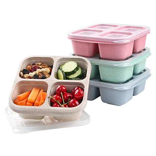 PUiKUS 4 Pack Snack Containers, 4 Compartments Bento Snack Box, Reusable Meal Prep Lunch Containers for Kids Adults, Divided Food Storage Containers for School Work Travel
