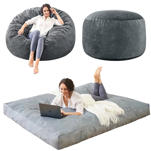 Bean Bag Chair Stuffed with Foam - Folding Beanbag Chairs Lounge Sofa Bed for Adults/Kids - Full Size Memory Foam Mattress - Big Couch with Soft Micro Fiber Cover in Bedroom Dorm Room - 4 ft, Grey